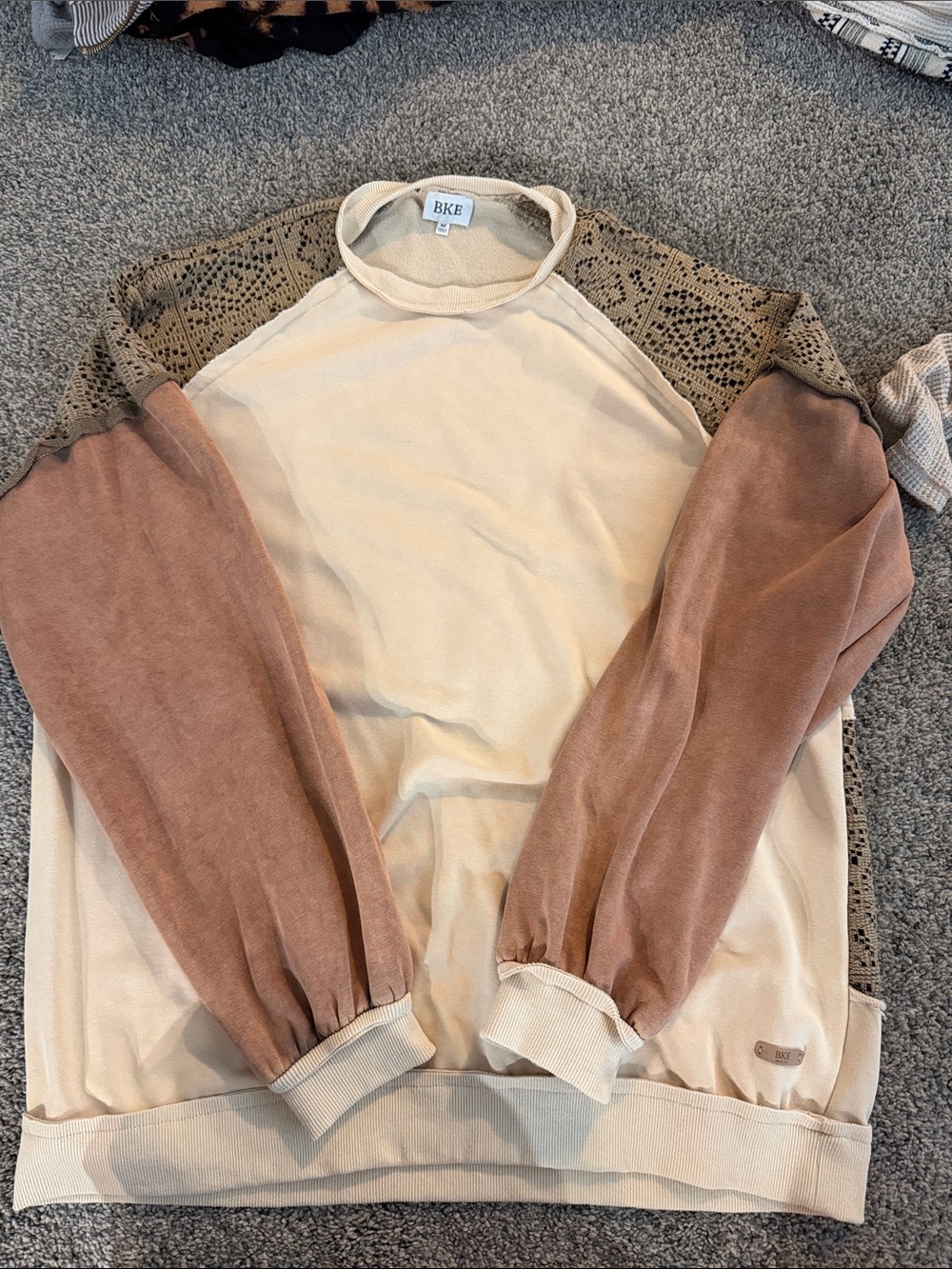 BKE Cream, Dusty Rose & Olive Crochet Mixed-Media Pullover